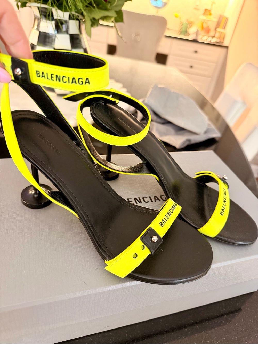 Balenciaga Black Sandals with Neon Yellow Straps and Sculpted Heels